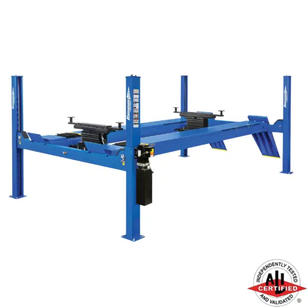 Forward Lift CRA14 four post alignment lift with rolling jacks and open runways, ALI certified
