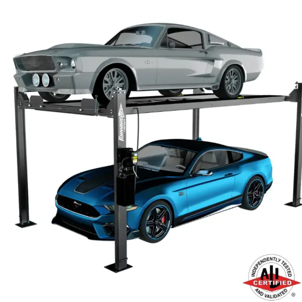 Classic silver Mustang above a modern blue Mustang on a Forward Lift EFP8 4 post auto lift, ALI certified