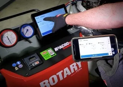 Rotary® R3AC80 | Automatic Dual-Gas AC Recovery Machine Mobile app connectivity for the Rotary R3AC80 Automatic Car AC Recovery Machine, enabling remote monitoring on the same WiFi network.